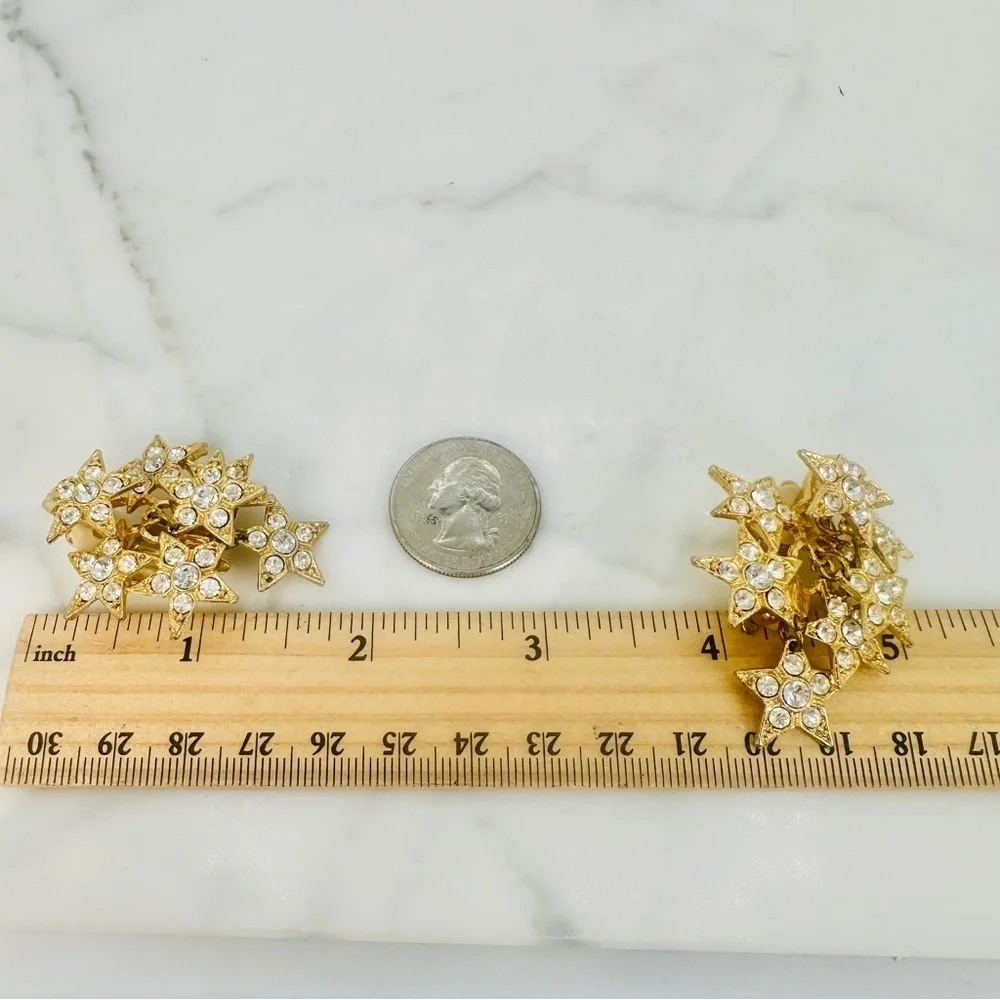 Vintage 80s Star Cluster Earrings Clip On Crystal Disco Glam Articulated Dangle
